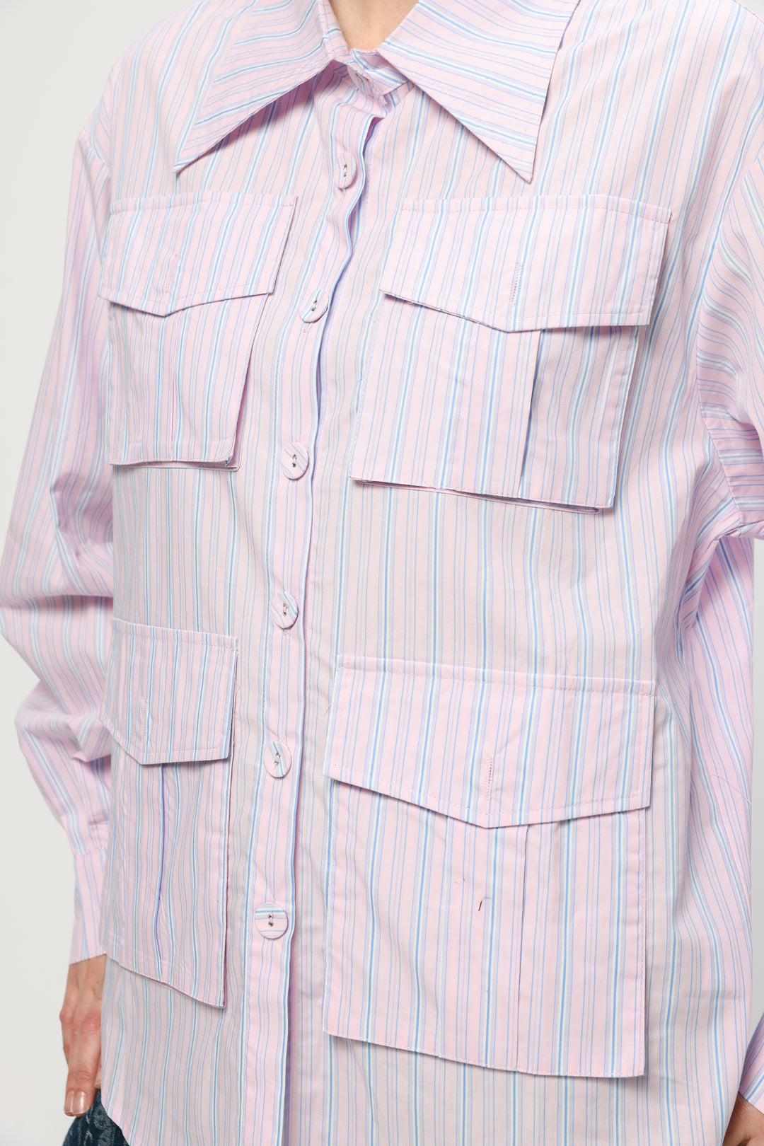 Pockets Pink Striped Buttoned Shirt