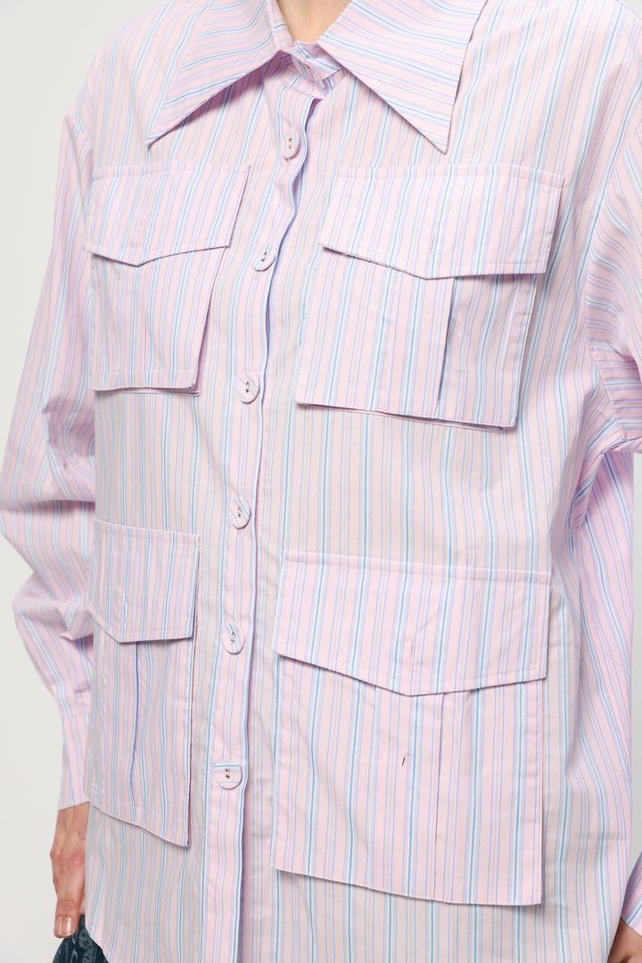 Pockets Pink Striped Buttoned Shirt
