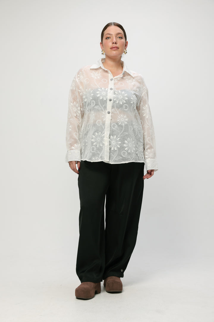 Cream Floral Embroidered Buttoned Shirt