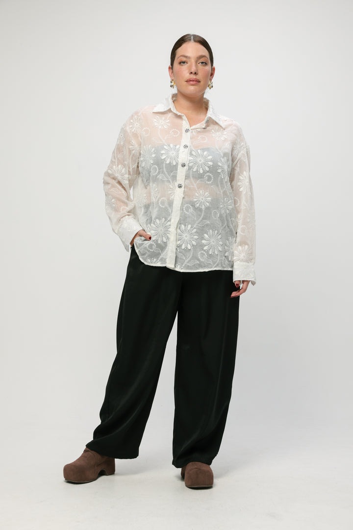 Cream Floral Embroidered Buttoned Shirt