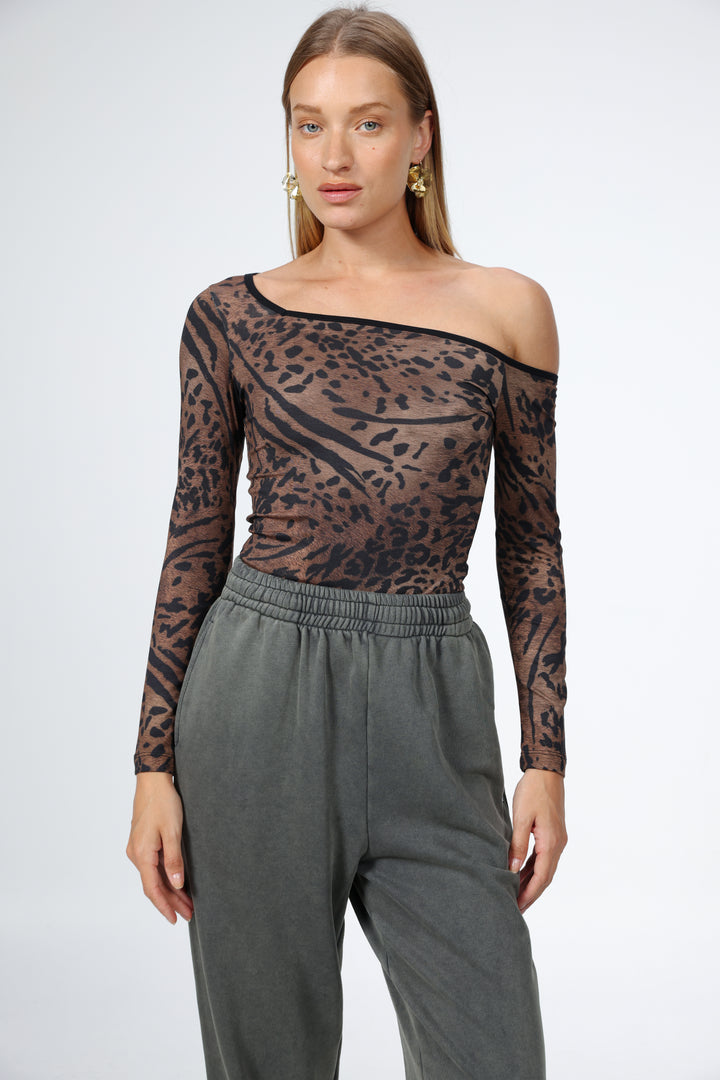 Temptation Leopard Drop Shoulder Top