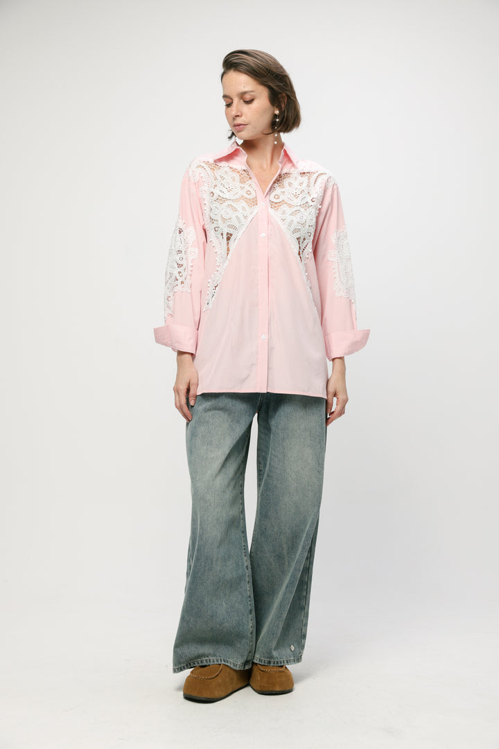 Lace Panel Light Pink Striped Shirt