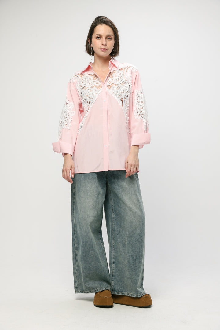 Lace Panel Light Pink Striped Shirt
