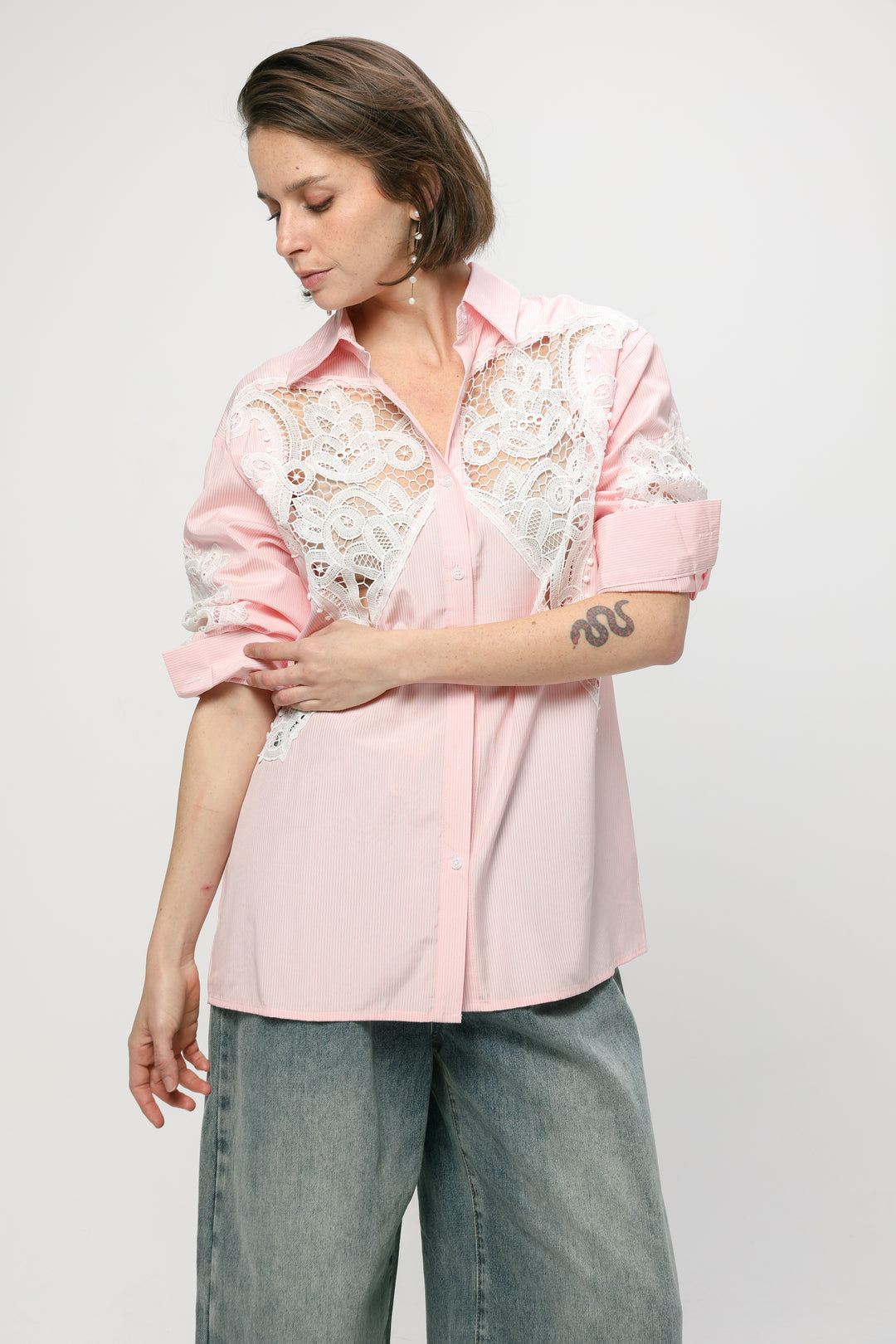 Lace Panel Light Pink Striped Shirt