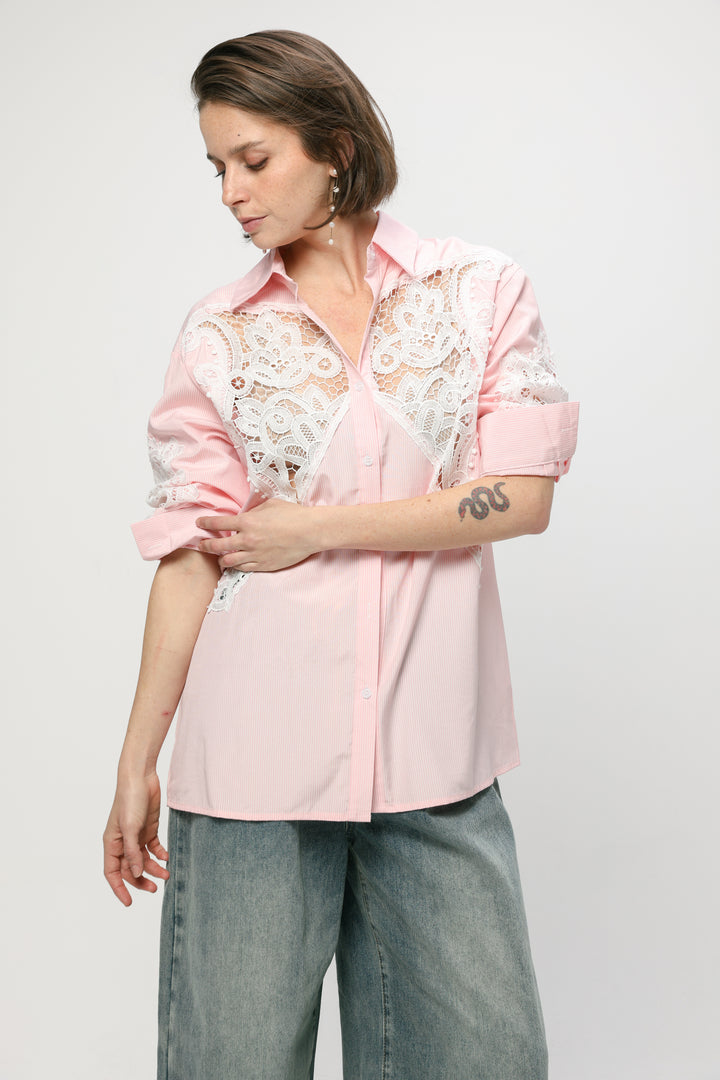 Lace Panel Light Pink Striped Shirt