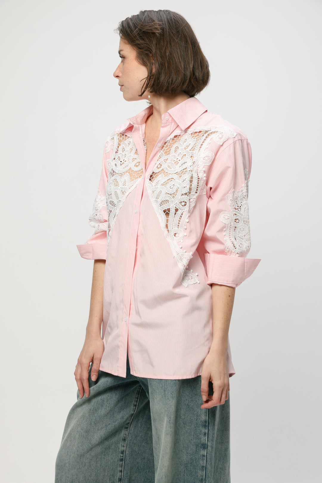 Lace Panel Light Pink Striped Shirt