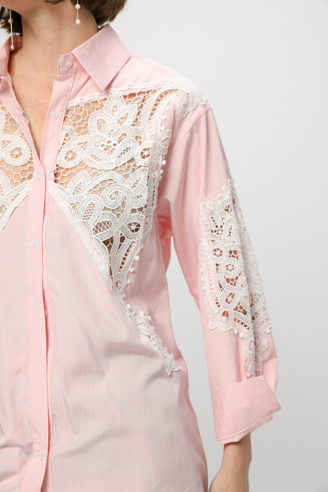 Lace Panel Light Pink Striped Shirt