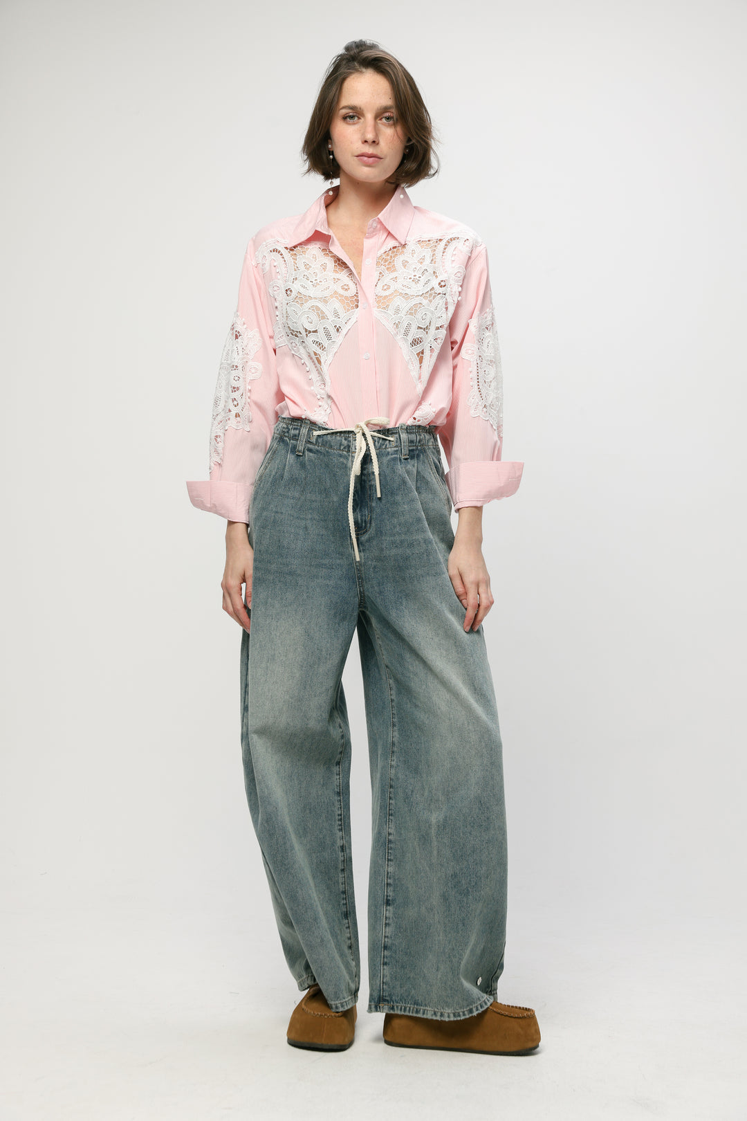 Lace Panel Light Pink Striped Shirt