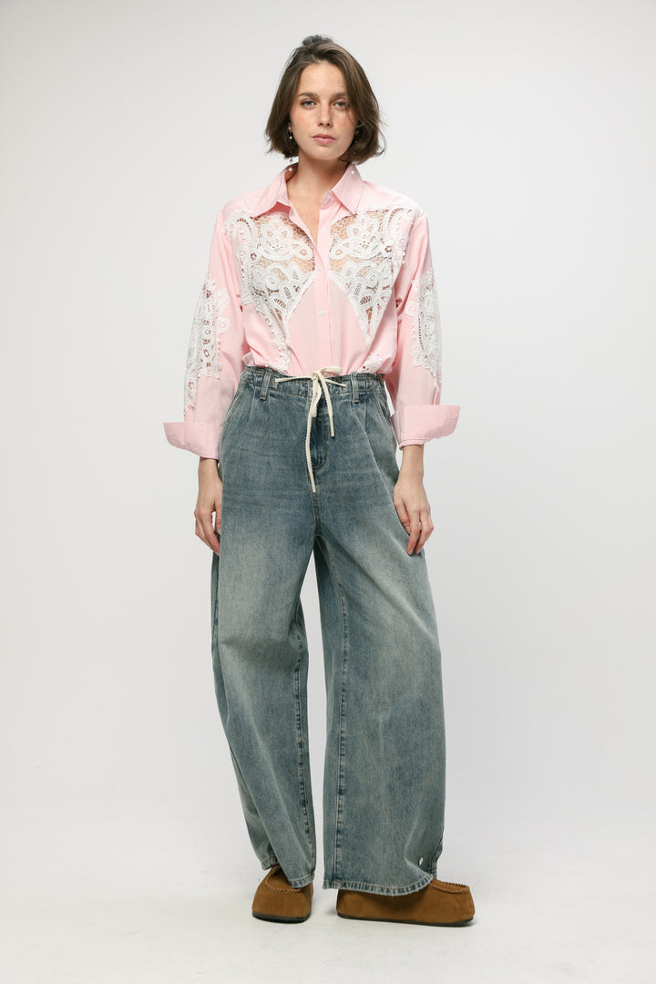 Lace Panel Light Pink Striped Shirt
