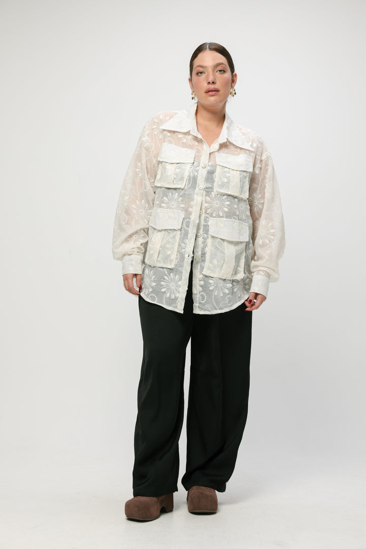 Pockets Cream Floral Buttoned Shirt