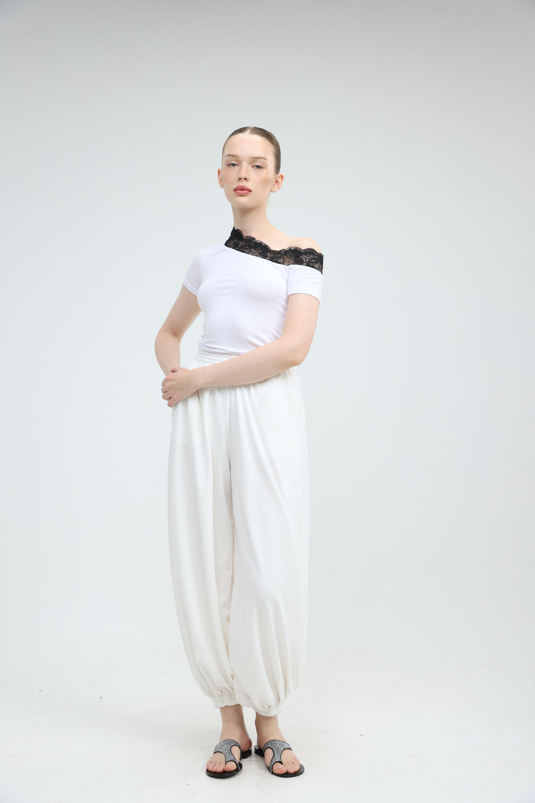 Luna Lace White One Shoulder T-Shirt