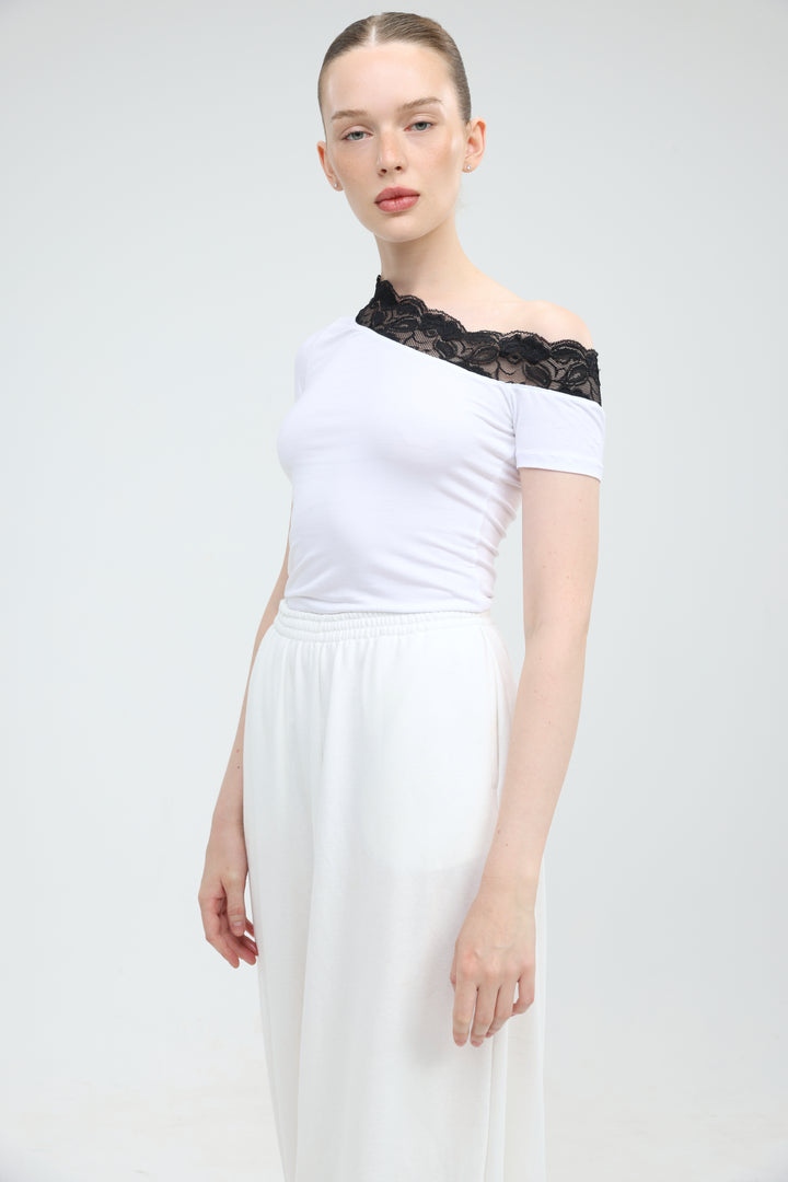 Luna Lace White One Shoulder T-Shirt