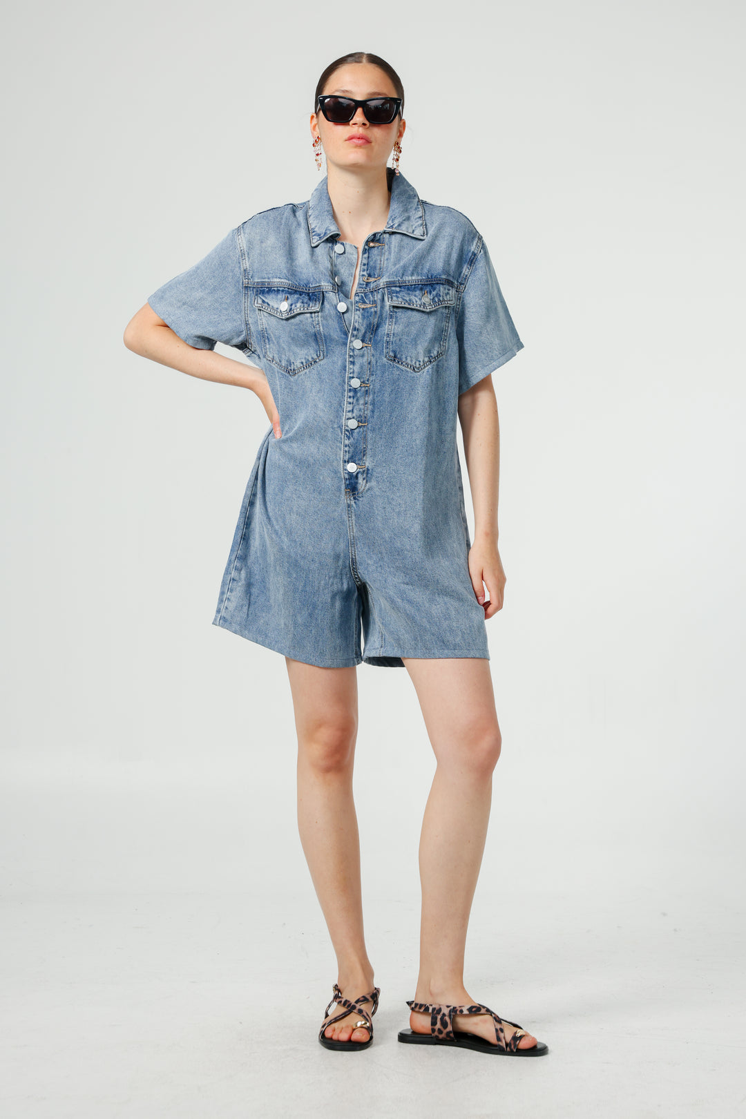 אוברול ג'ינס קצר Herzel Blue Denim Jumpsuit