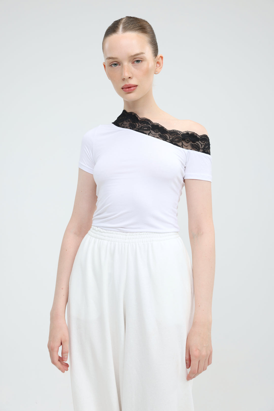 Luna Lace White One Shoulder T-Shirt