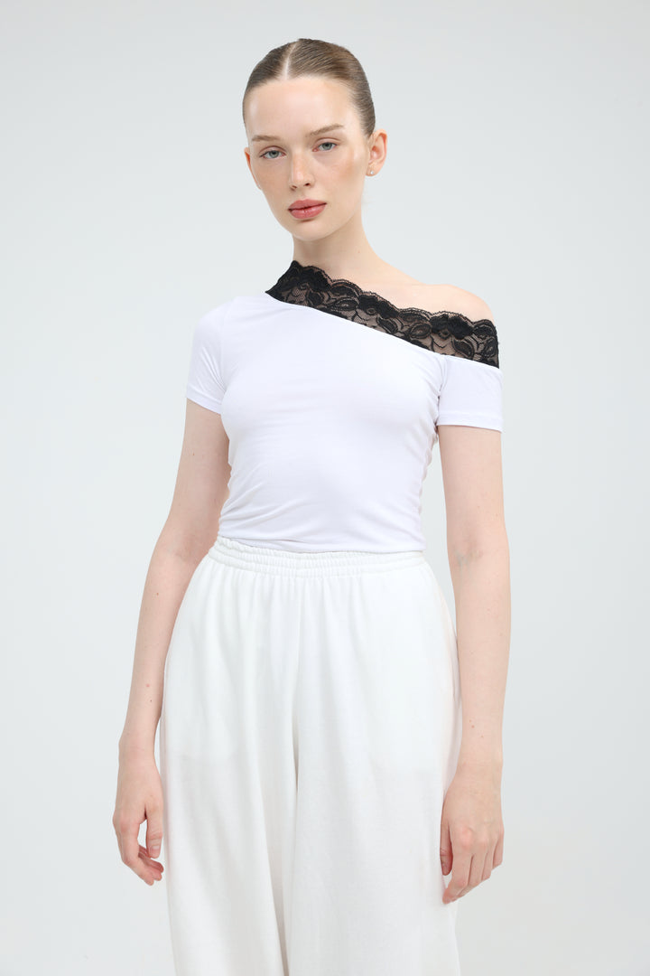 Luna Lace White One Shoulder T-Shirt