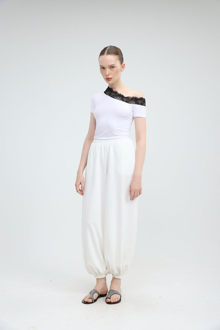 Luna Lace White One Shoulder T-Shirt