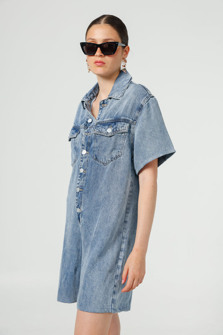 אוברול ג'ינס קצר גזרה רחבה Herzel Blue Denim Jumpsuit