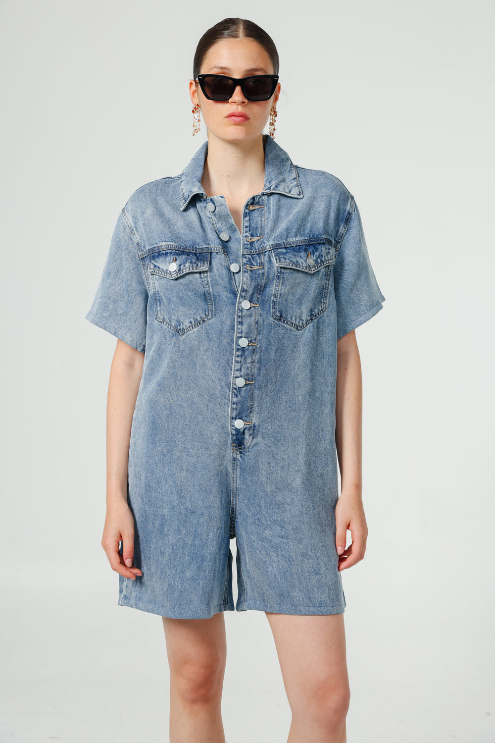 אוברול ג'ינס קצר לנשים Herzel Blue Denim Jumpsuit