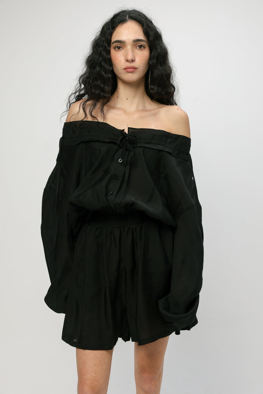 Black Off-Shoulder Buttoned Jumpsuit