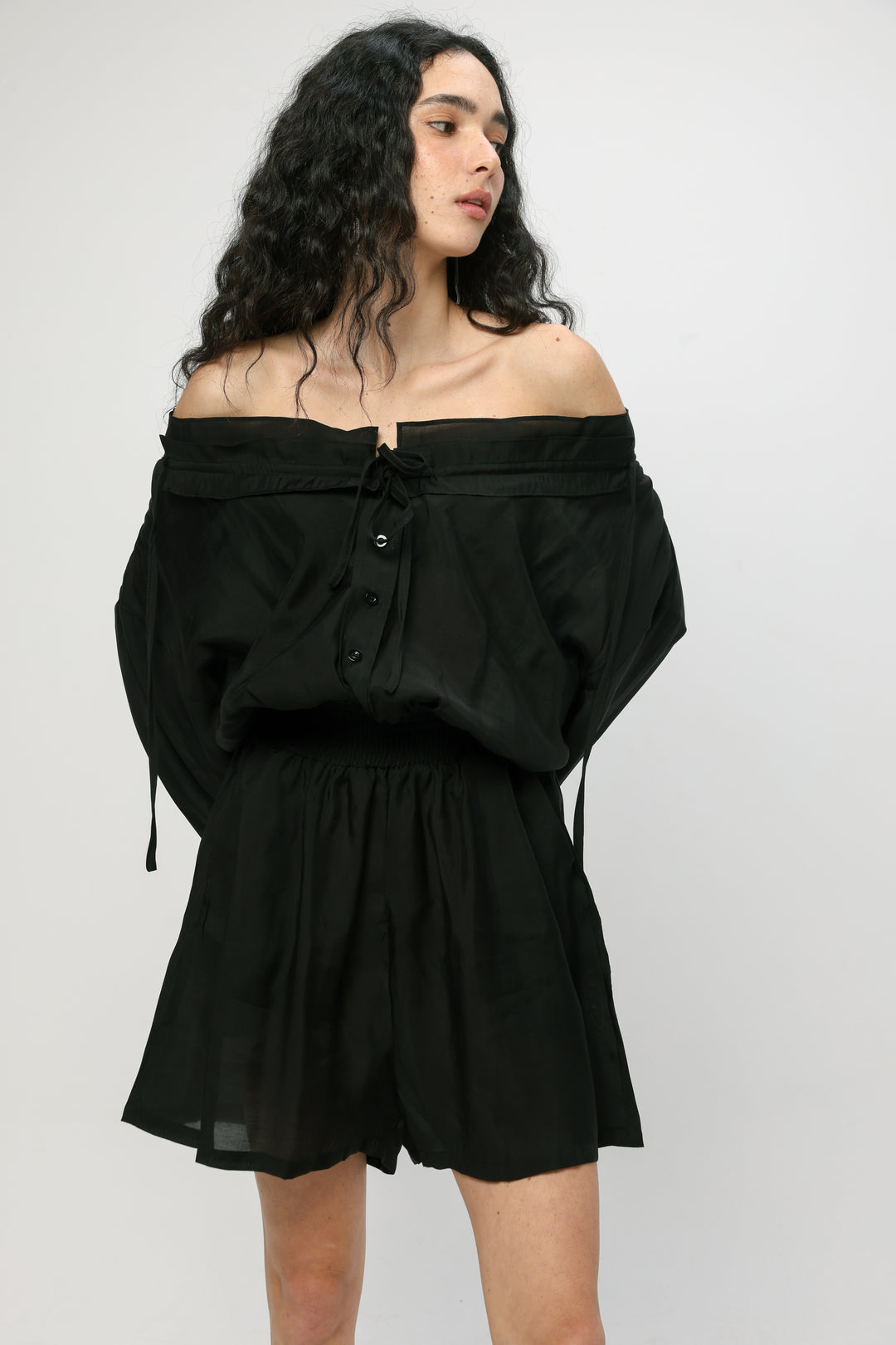 Black Off-Shoulder Buttoned Jumpsuit
