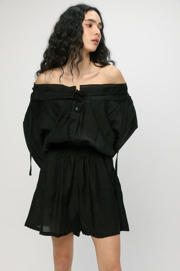 Black Off-Shoulder Buttoned Jumpsuit