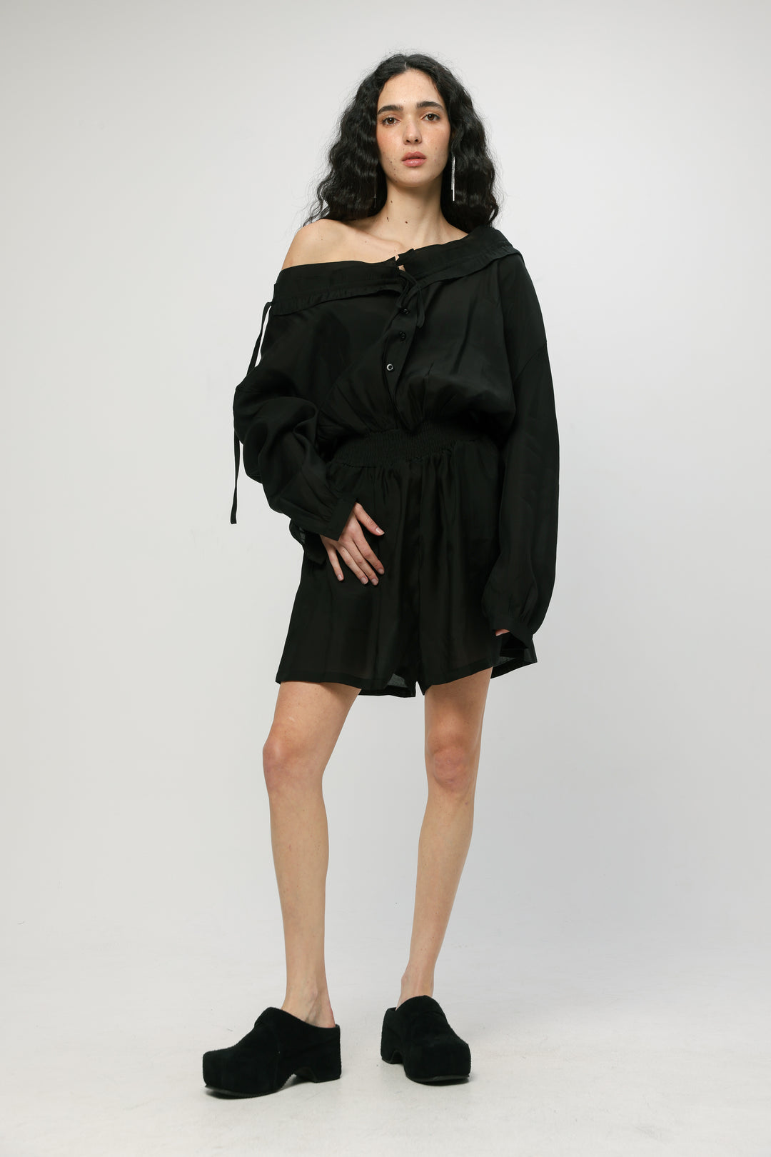 Black Off-Shoulder Buttoned Jumpsuit