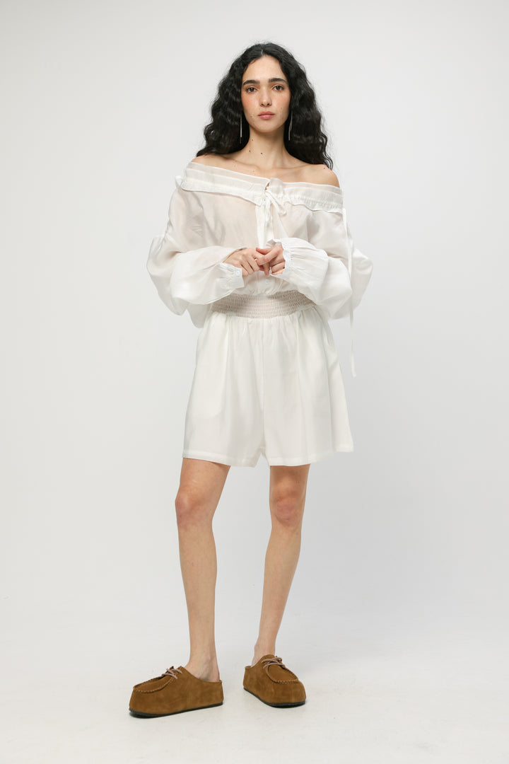Cream Off-Shoulder Buttoned Jumpsuit