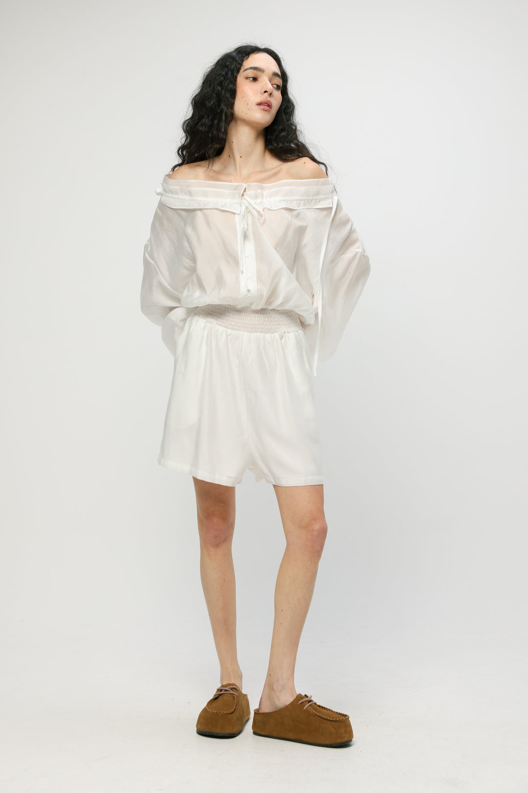 Cream Off-Shoulder Buttoned Jumpsuit