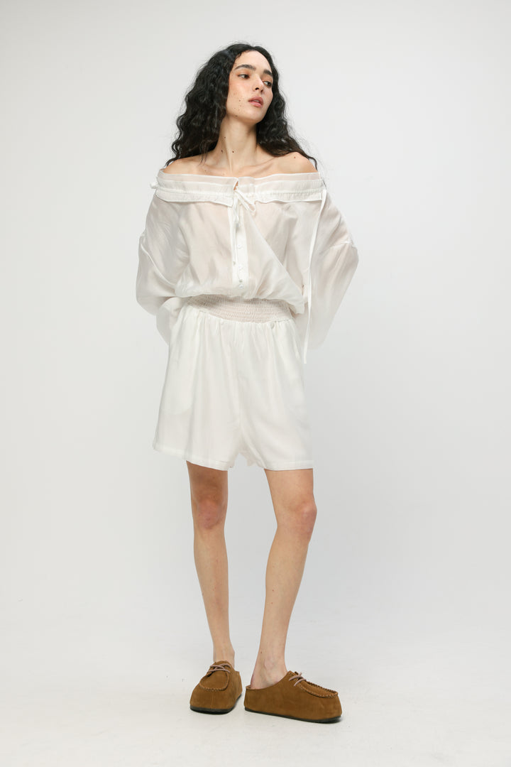 Cream Off-Shoulder Buttoned Jumpsuit