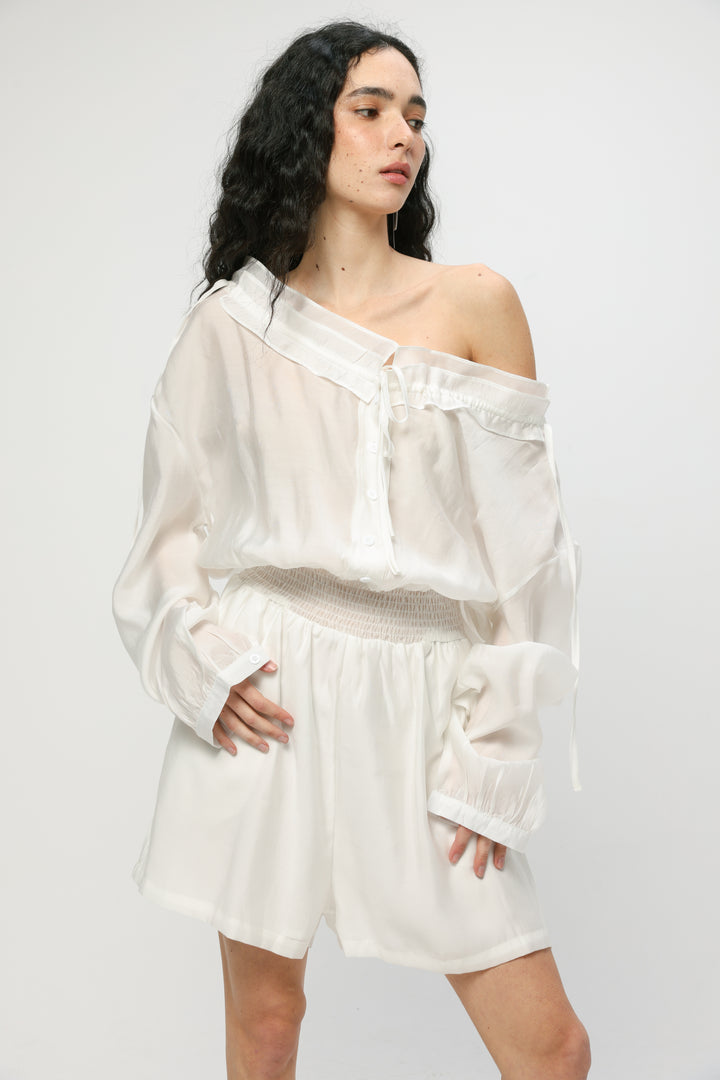 Cream Off-Shoulder Buttoned Jumpsuit