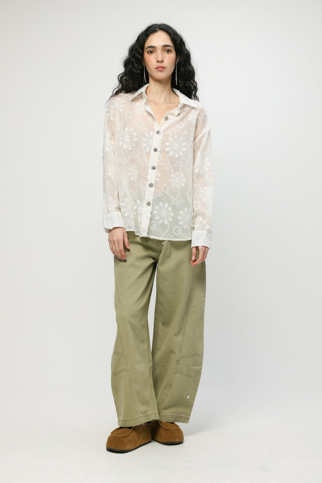 Cream Floral Embroidered Buttoned Shirt