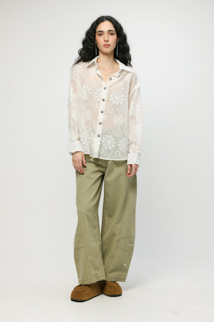Cream Floral Embroidered Buttoned Shirt