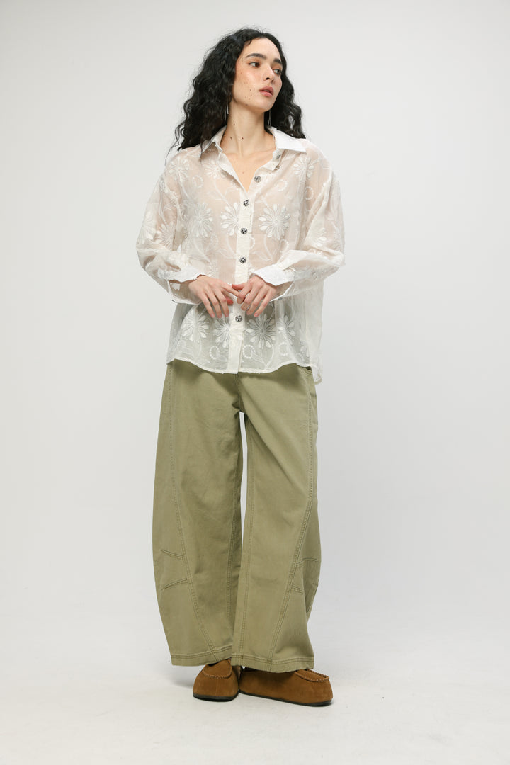 Cream Floral Embroidered Buttoned Shirt