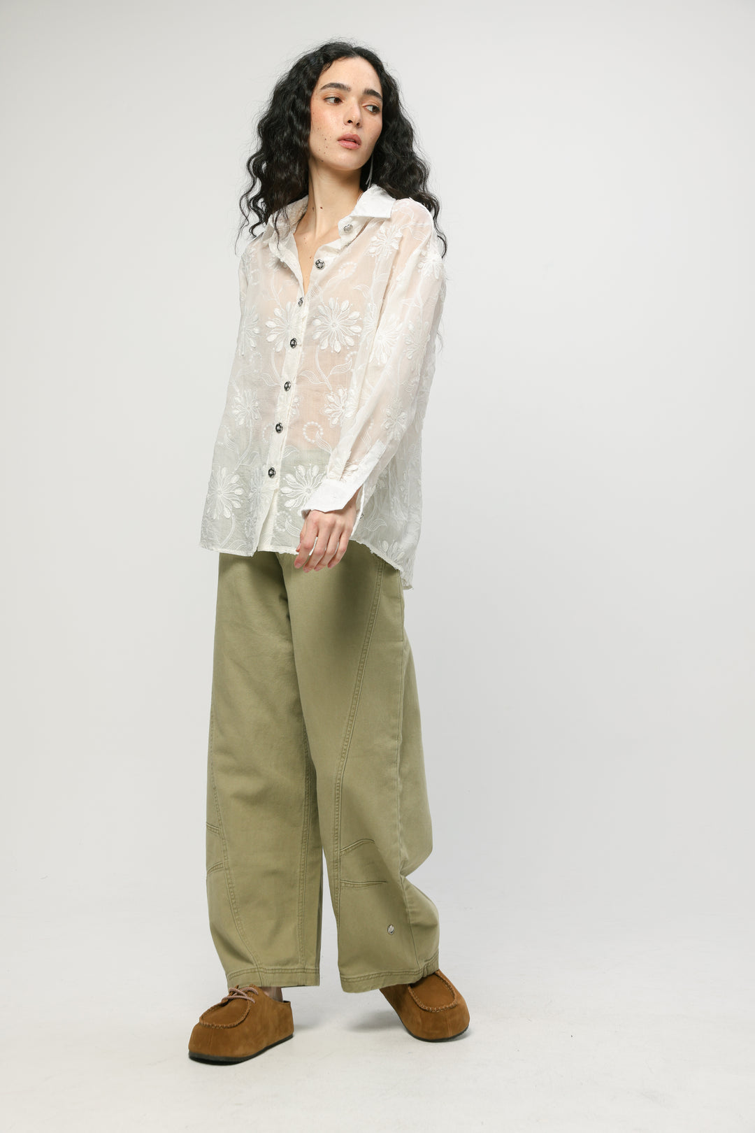 Cream Floral Embroidered Buttoned Shirt