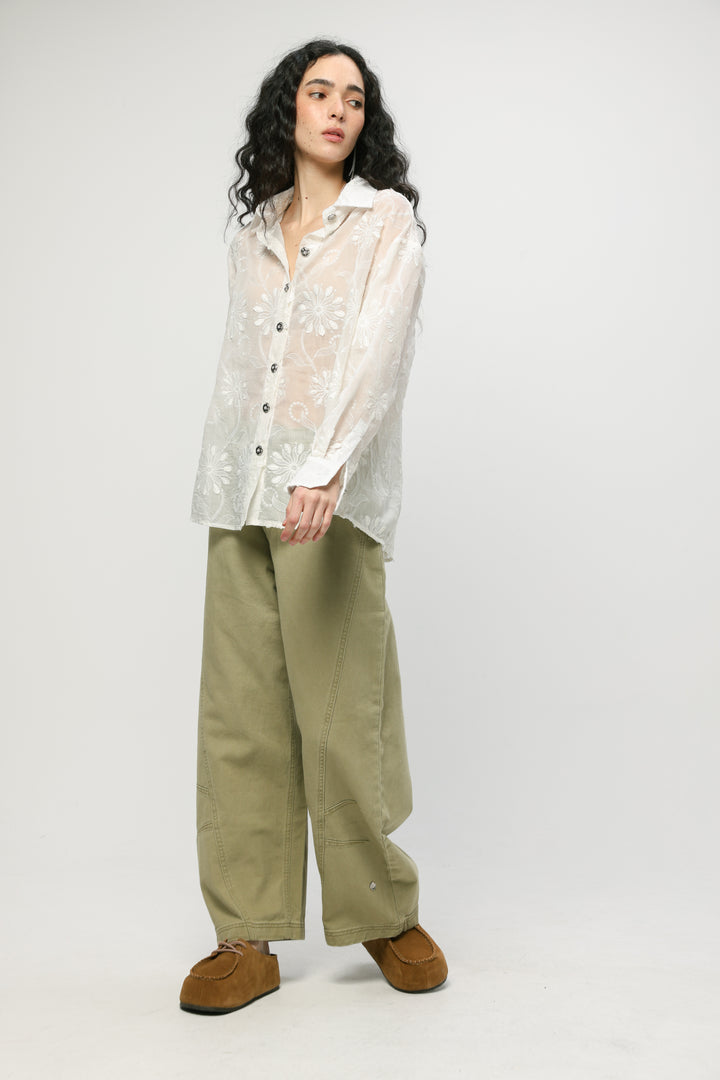 Cream Floral Embroidered Buttoned Shirt