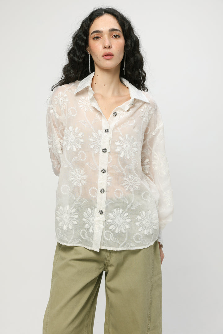 Cream Floral Embroidered Buttoned Shirt