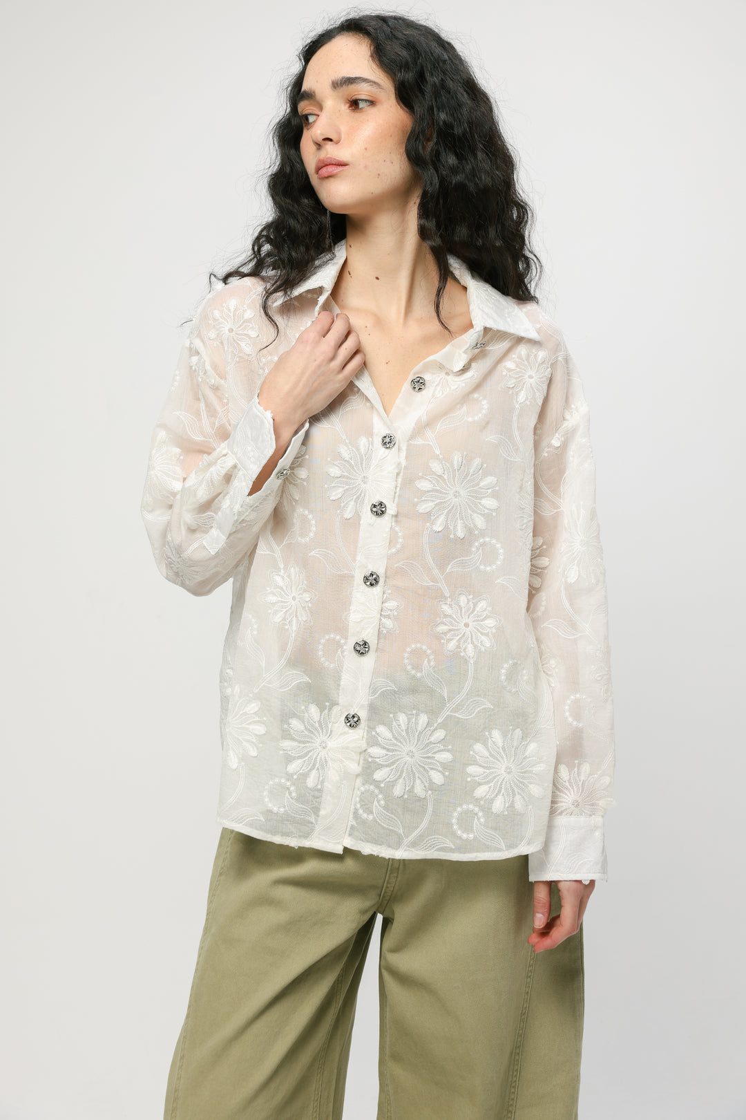 Cream Floral Embroidered Buttoned Shirt