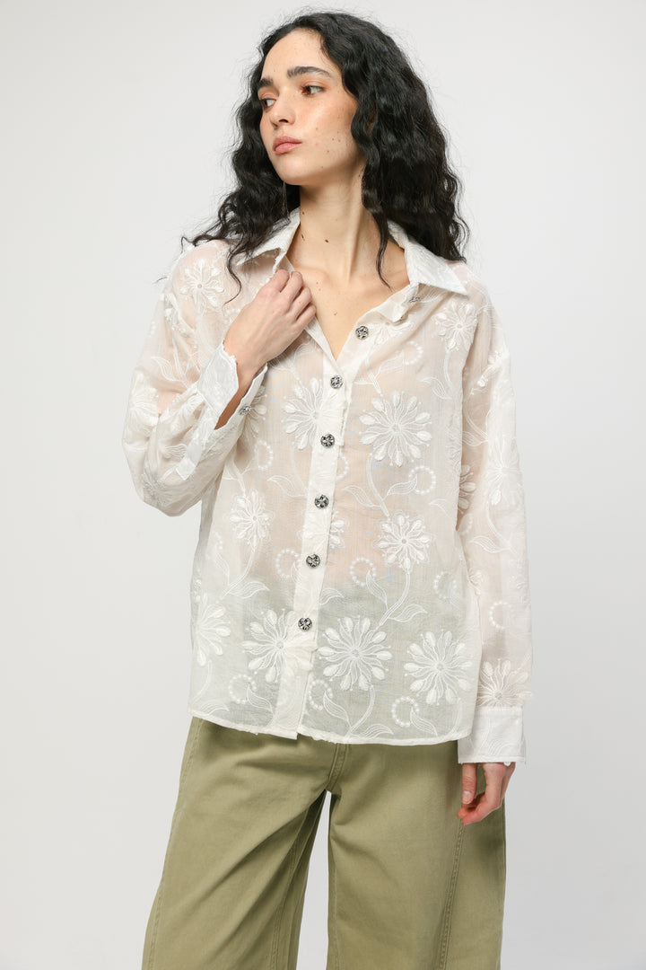 Cream Floral Embroidered Buttoned Shirt