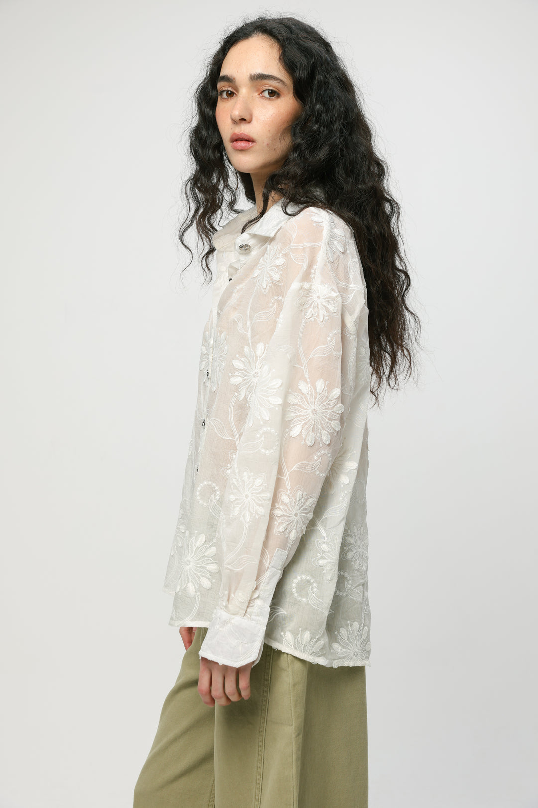 Cream Floral Embroidered Buttoned Shirt