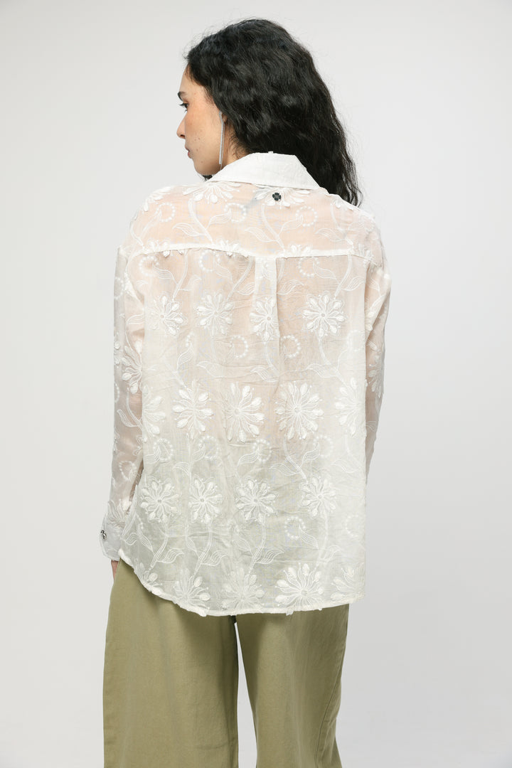 Cream Floral Embroidered Buttoned Shirt