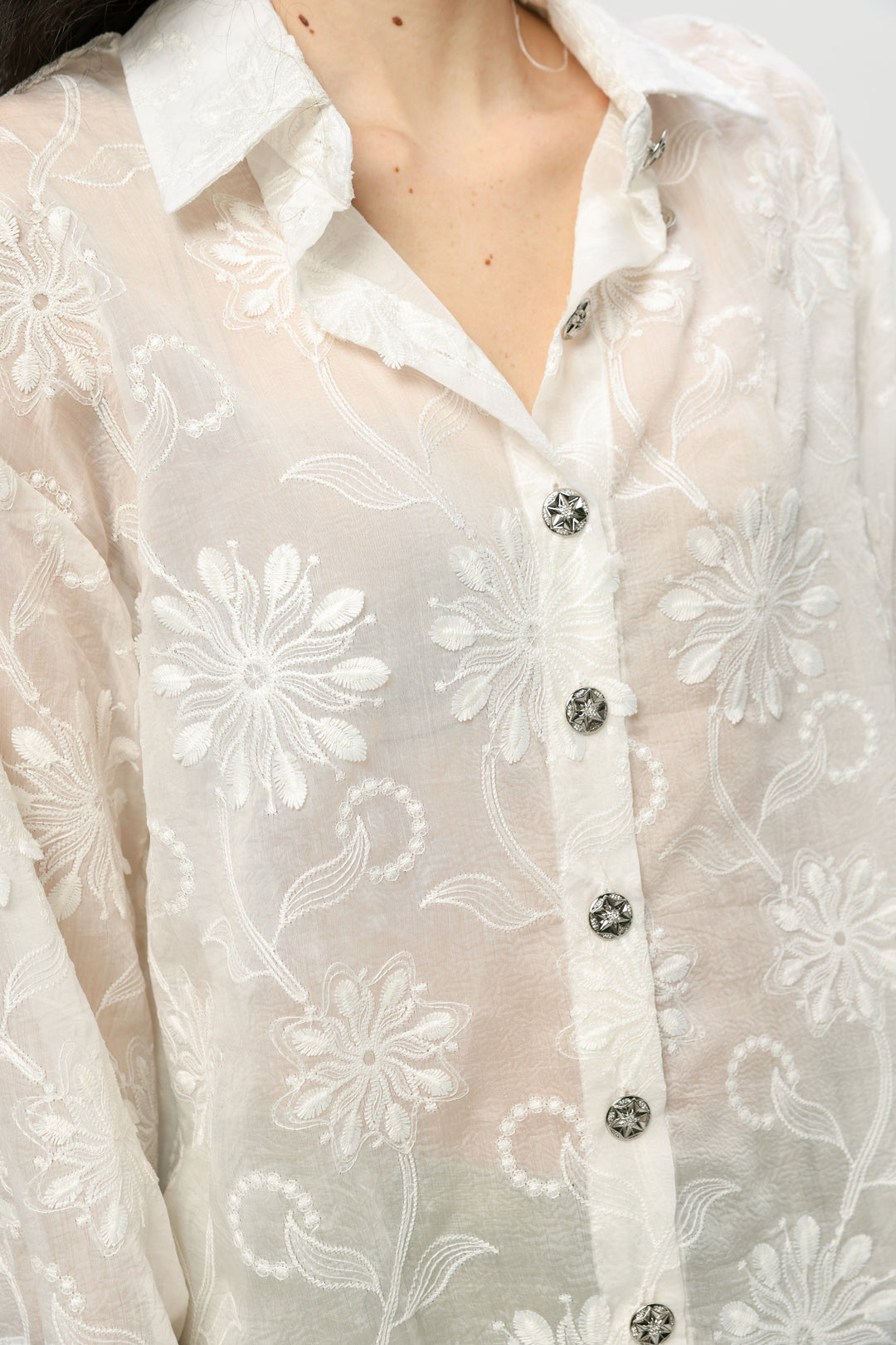 Cream Floral Embroidered Buttoned Shirt