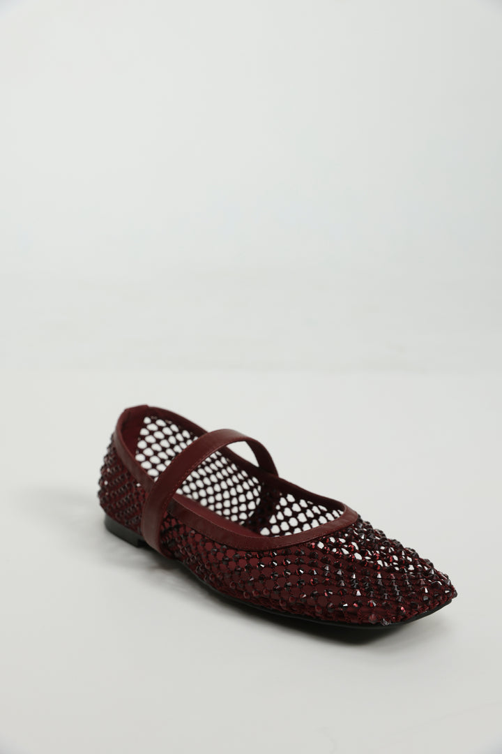 Wine Studded Mesh Ballerina Flats
