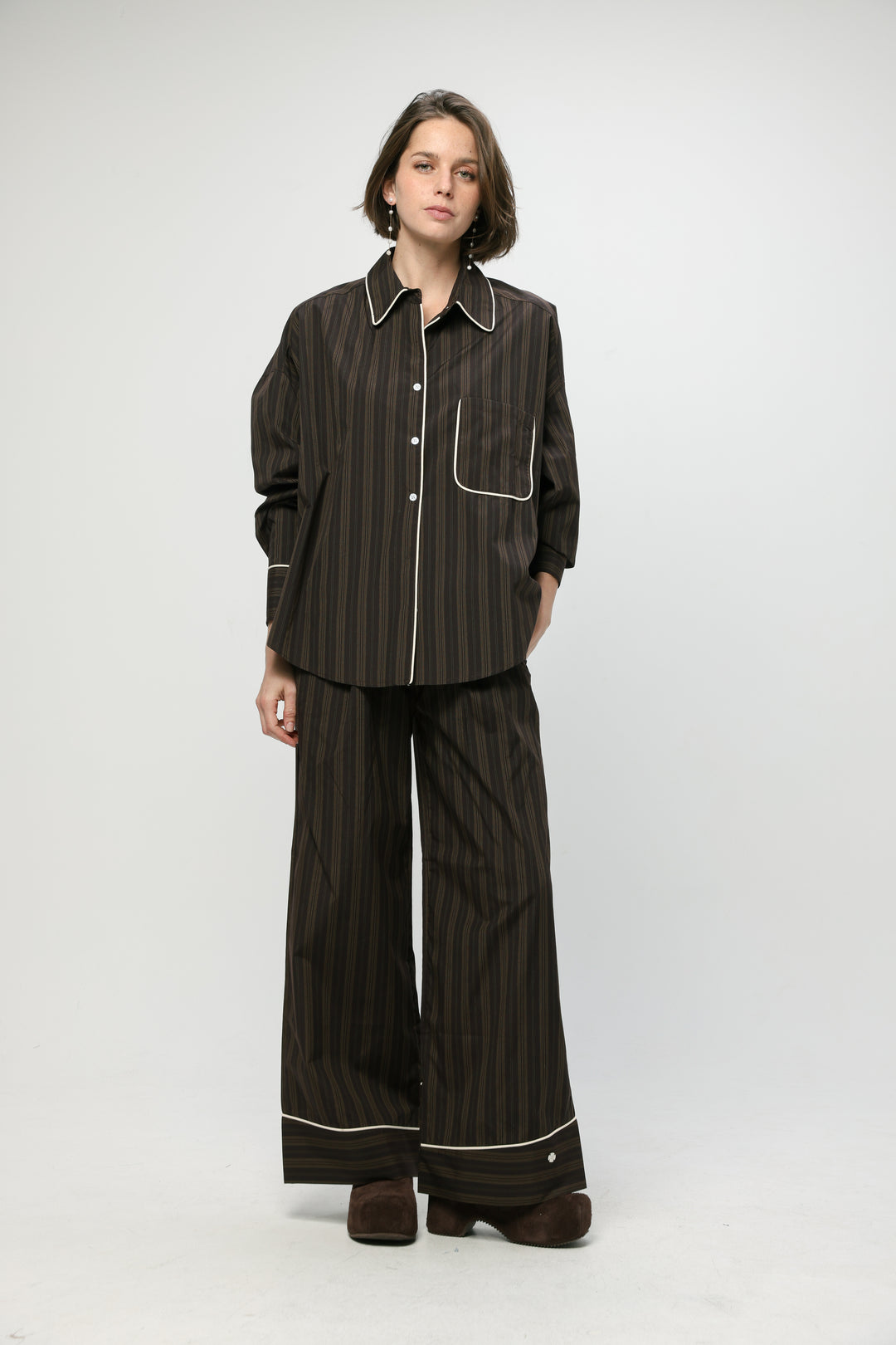 Piped Brown Striped Shirt