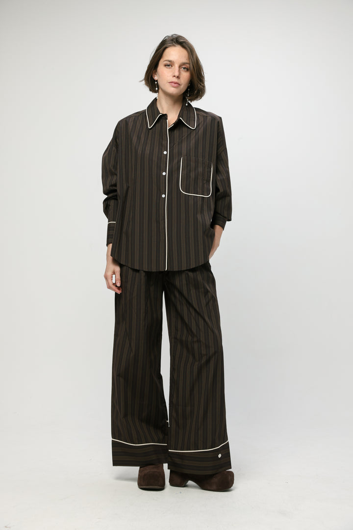 Piped Brown Striped Shirt