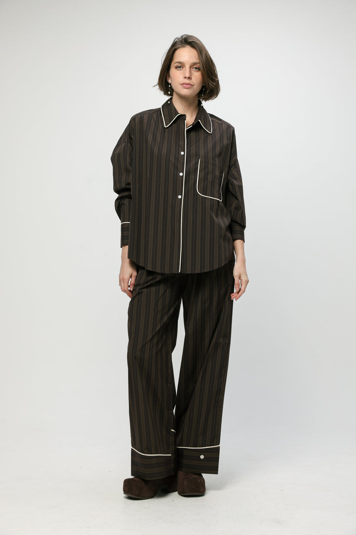 Piped Brown Striped Shirt