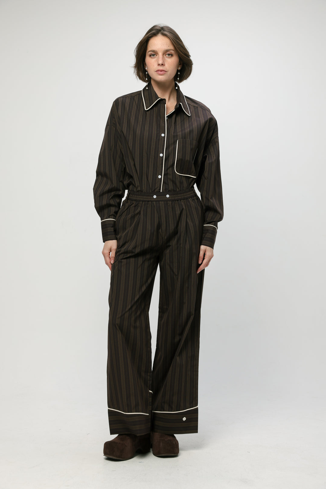 Piped Brown Striped Shirt