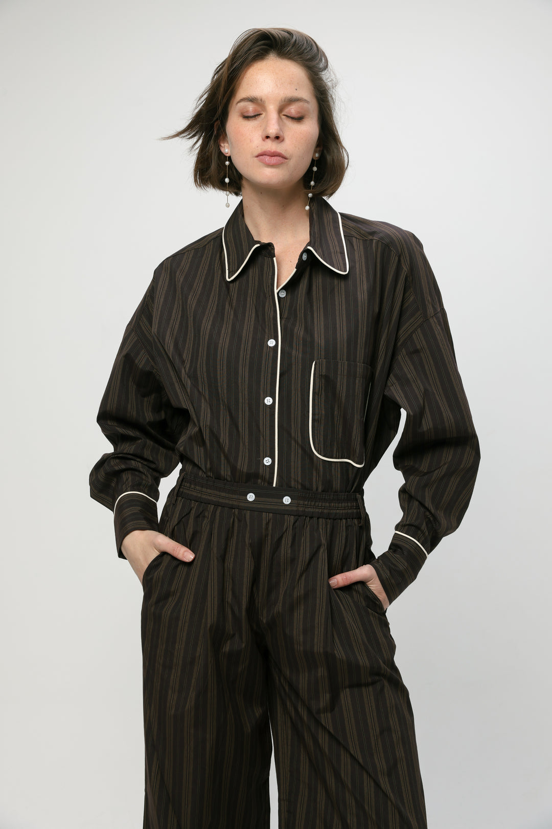 Piped Brown Striped Shirt