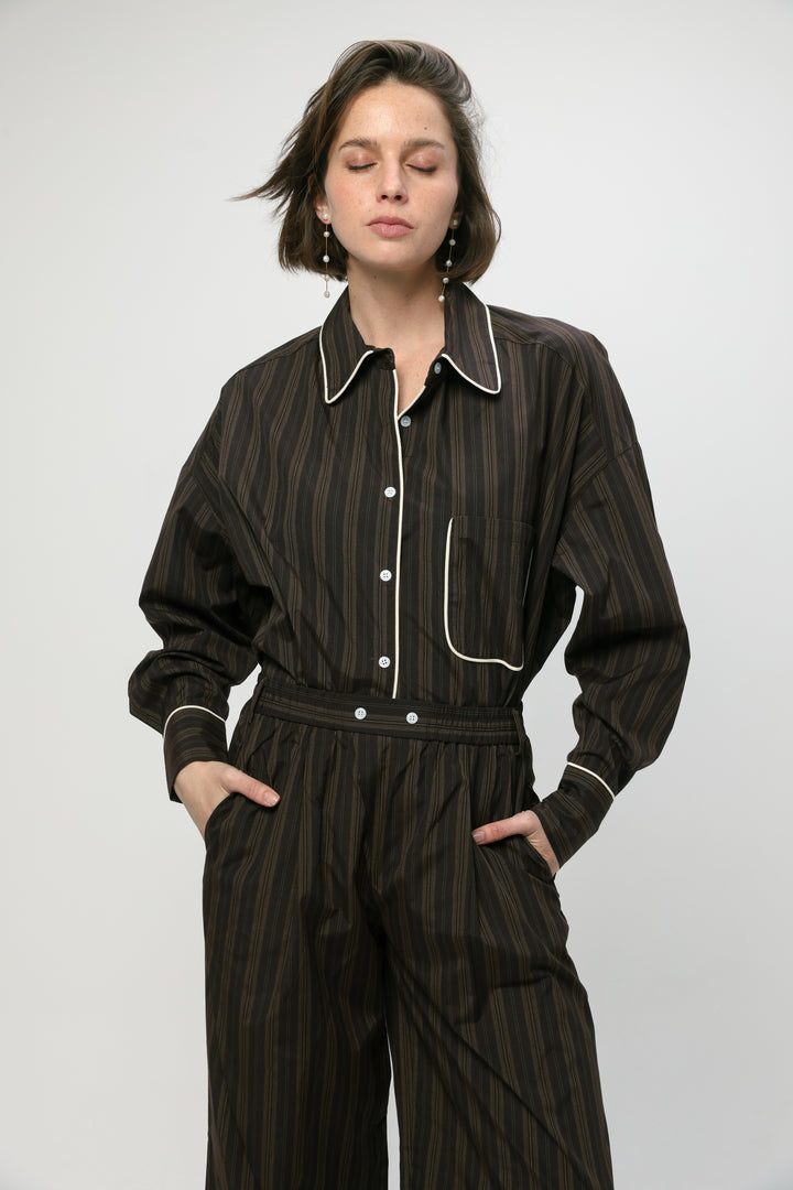 Piped Brown Striped Shirt