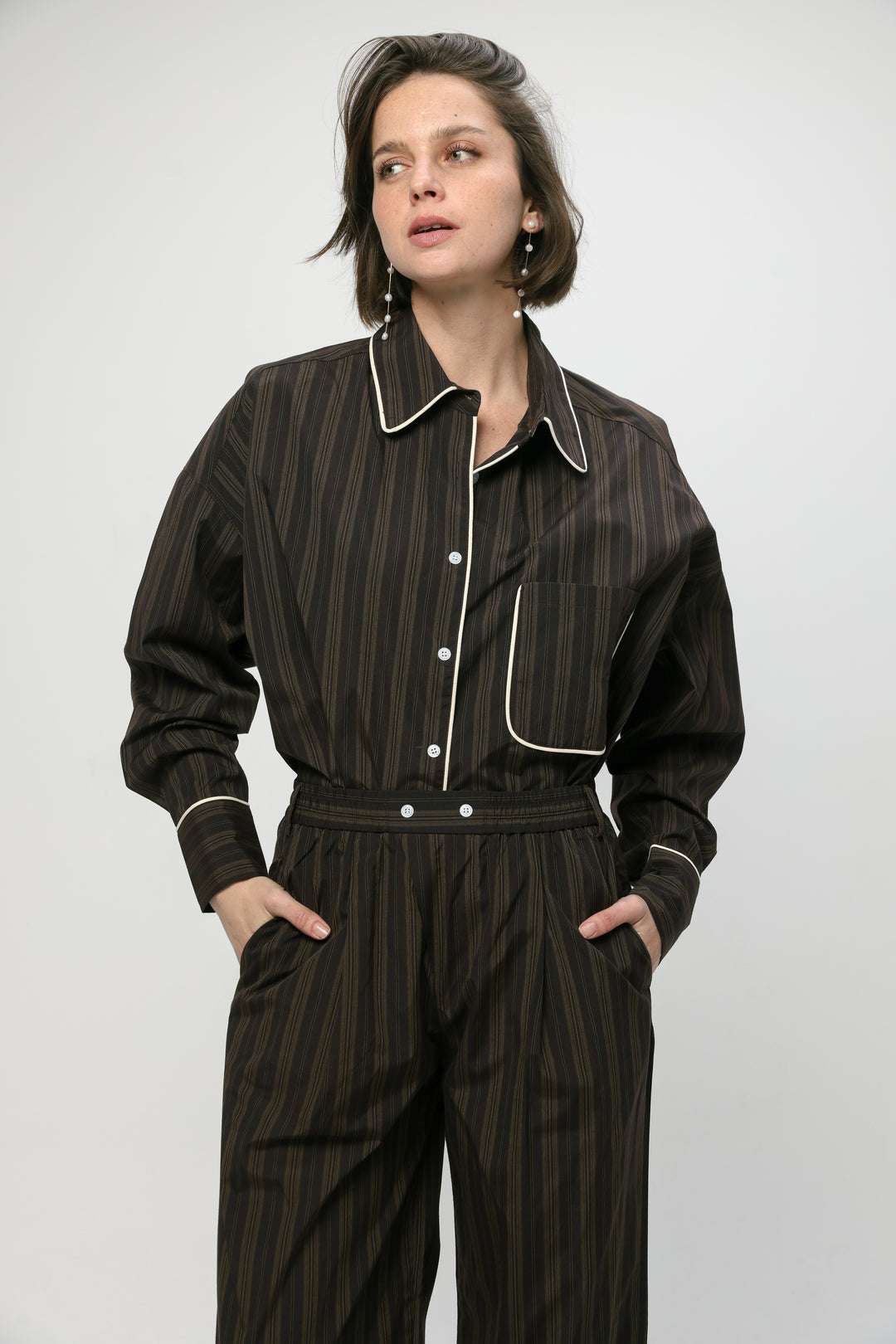 Piped Brown Striped Shirt