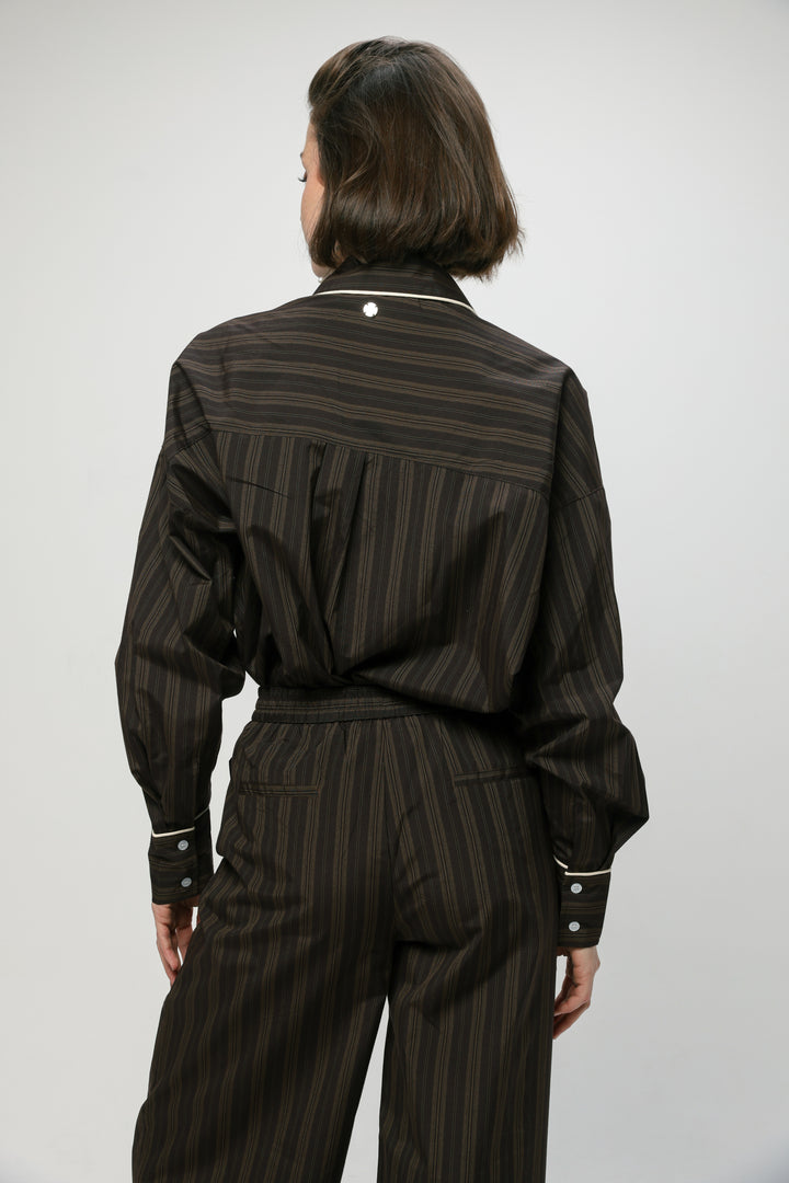 Piped Brown Striped Shirt